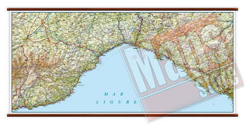 immagine di mappa murale mappa murale Liguria - mappa murale plastificata con eleganti aste in legno - cartografia dettagliata ed aggiornata - 96 x 63 cm