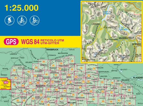 immagine di mappa topografica mappa topografica n.069 - Livigno, Bormio, Val Viola, Val di Fraele - Piz Paradisin, C. de Piazzi, Valdidentro, Val Mora, Lago di Cancano, Piz Serra, Lago di Livigno, Val di Sotto - con reticolo UTM compatibile con sistemi GPS - nuova edizione