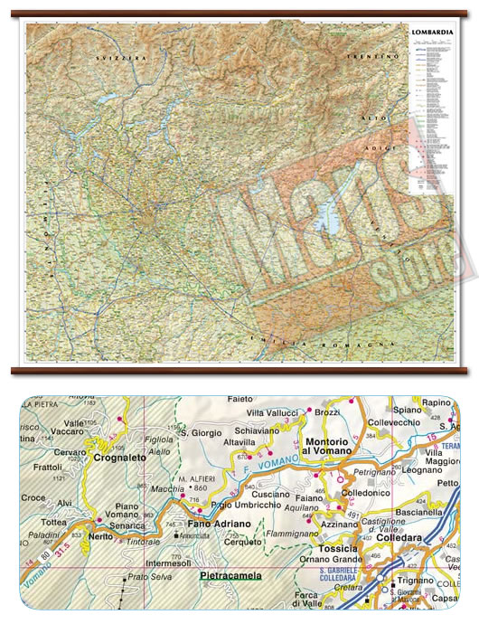 immagine di mappa murale mappa murale Lombardia - mappa murale con cartografia dettagliata ed aggiornata - plastificata, con eleganti aste in legno - 108 x 86 cm - edizione 2021