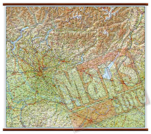 immagine di mappa murale mappa murale Lombardia - mappa murale plastificata con eleganti aste in legno - cartografia dettagliata ed aggiornata - 108 x 86 cm