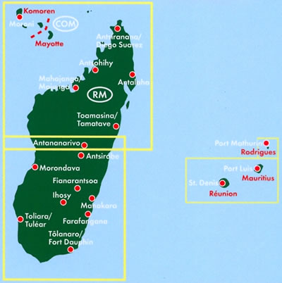 immagine di mappa stradale mappa stradale Madagascar - Antananarivo, Toamasina, Antsirabe, Fianarantsoa, Toliara, Tolagnaro, Manakara, Morondava, Antalaha, Farafangana, Ihosy, Comore, Mayotte, Rodrigues, Mauritius, Reunion - con spiagge, luoghi panoramici, riserve naturali - nuova edizione
