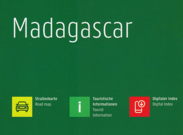 immagine di mappa stradale mappa stradale Madagascar / Madagaskar, e isole Rodrigues, Mauritius, Reunion, Comore - con Antananarivo, Toamasina, Antsirabe, Fianarantsoa, Toliara, Tolagnaro, Manakara, Morondava, Antalaha, Farafangana, Ihosy, Mayotte - con spiagge, luoghi panoramici, riserve naturali - EDIZIONE 2025