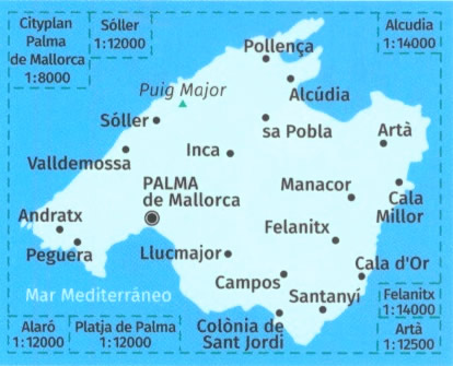 immagine di mappa topografica mappa topografica Maiorca / Mallorca - con Palma de Maiorca, Llucmajor, Campos, Santanyi, Cala d'Or, Cala Millor, Felanitx, Manacor, Artà, Alcudia,  Pollença, Soller, Valldemossa, Andratx, Peguera, Colonia de Sant Jordi - mappa escursionistica, con spiagge, itinerari, luoghi panoramici - Kompass n.230 - compatibile con GPS