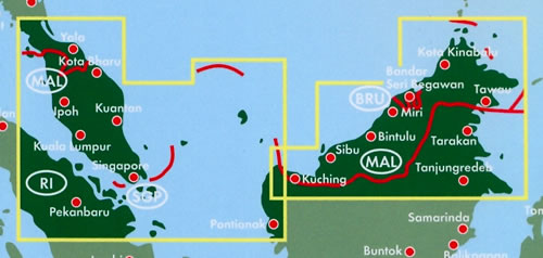 immagine di mappa stradale mappa stradale Malesia - con Singapore, Kuala Lumpur, Sarawak, Sabah, Yala, Ipoh, Sibu, Brunei, Tarakan - nuova edizione