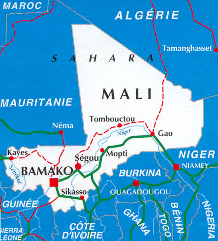 immagine di mappa stradale mappa stradale Mali - con Bamako, Kayes, Segou, Mopti, Tombouctou, Gao