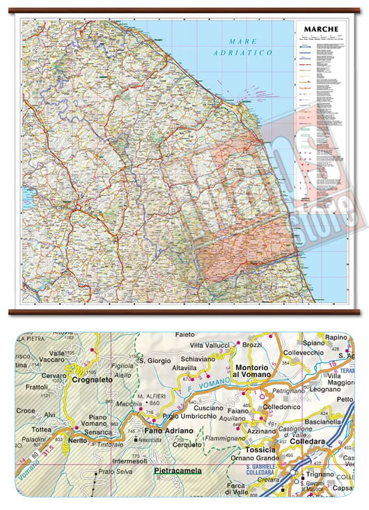 immagine di mappa murale mappa murale Marche - mappa murale con cartografia dettagliata ed aggiornata - plastificata, con eleganti aste in legno - 72 x 63 cm - nuova edizione