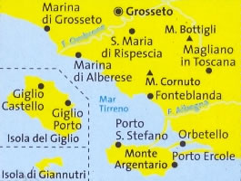 immagine di mappa topografica mappa topografica n.651 - Maremma, Argentario, Grosseto, Isola del Giglio, Isola di Giannutri, Monte Argentario, Porto Ercole, Orbetello, Magliano - con sentieri CAI, percorsi MTB, campeggi, luoghi panoramici, spiagge, parchi e riserve naturali - nuova edizione