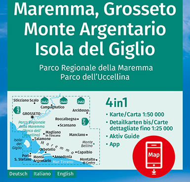 immagine di mappa topografica mappa topografica Maremma, Grosseto, Monte Argentario, Isola del Giglio - con Parco Regionale della Maremma, Parco Naturale dell'Uccellina, Scansano, Capalbio, Orbetello - mappa Kompass n.2470 - mappa plastificata, compatibile con sistemi GPS - nuova edizione