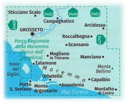 immagine di mappa topografica mappa topografica n.2470 - Maremma, Grosseto, Monte Argentario, Isola del Giglio, Parco Regionale della Maremma, Parco Naturale dell'Uccellina, Scansano, Capalbio, Orbetello - mappa plastificata, compatibile con sistemi GPS - Edizione 2024