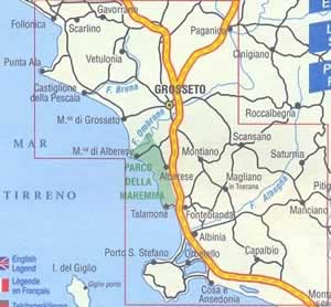 immagine di mappa topografica mappa topografica Maremma - con Parco dell'Uccellina e Maremma, Grosseto, P.ta Ala, Talamone, Paganico, Sovana, Orbetello, Argentario