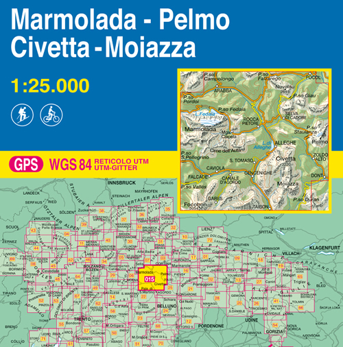 immagine di mappa topografica mappa topografica n.015 - Marmolada, Pelmo, Civetta, Moiazza - Passo Fedaia, Passo Falzarego, Arabba, Passo Campolongo, Passo Pordoi, Lago Fedaia, Cime dell'Auta, Passo S. Pellegrino, Lago di Alleghe, Rocca Pietore, Nuvolau, Passo Giau, Pocol, Selva di Cadore, Passo Staulanza, Pelmo, Zoldo Alto, Alleghe, Cencenighe, Canale d'Agordo, Gares, Focobon, Passo Valles, Passo Duran, Falcade, Taibon - con reticolo UTM compatibile con sistemi GPS - edizione 2019