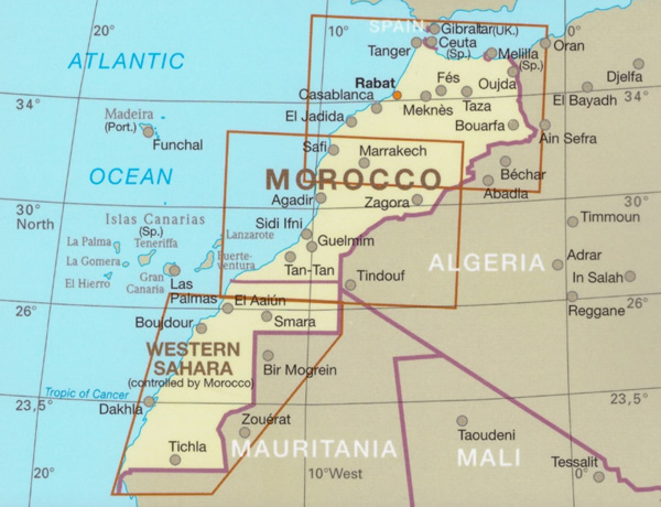 immagine di mappa stradale mappa stradale Marocco - con Marrakech, Agadir, Casablanca, Rabat, Tanger, Figuig, Fes, Dakhla - mappa impermeabile e antistrappo - con spiagge ed oasi - EDIZIONE 2023