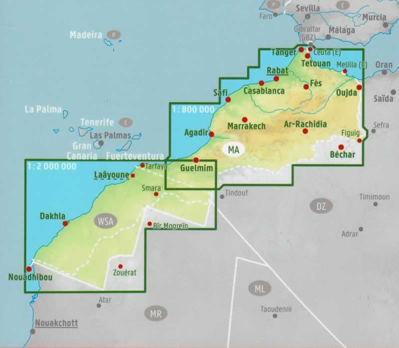 immagine di mappa stradale mappa stradale Marocco / Morocco / Marokko - con Marrakech, Agadir, Casablanca, Rabat, Tanger, Figuig, Fes, Dakhla - mappa stradale - con oasi, luoghi panoramici, spiagge, strade e piste - EDIZIONE 2025