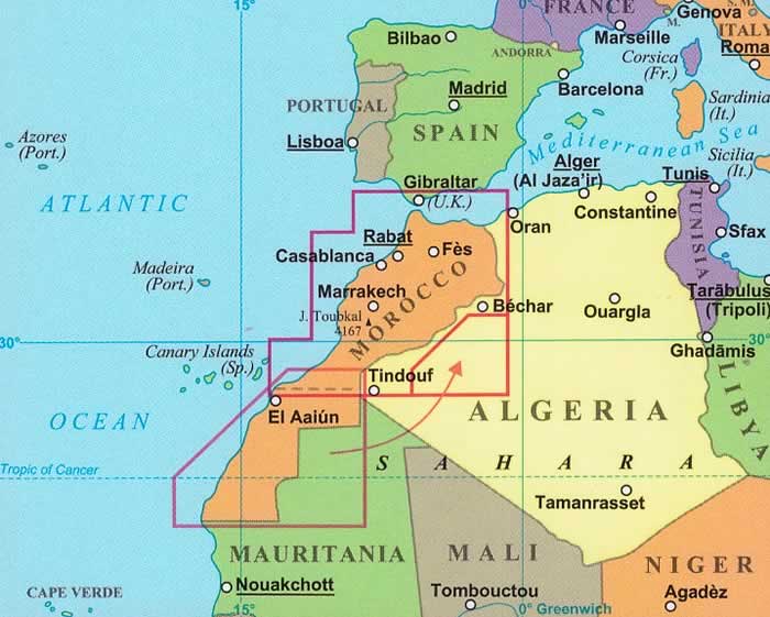immagine di mappa stradale mappa stradale Marocco / Morocco / Marokko - con Marrakech, Agadir, Casablanca, Rabat, Tanger, Figuig, Fes, Dakhla - mappa stradale - con oasi, luoghi panoramici, spiagge, strade e piste - edizione 2025