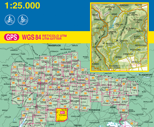 immagine di mappa topografica mappa topografica n.051 - Massiccio del Grappa, Bassano, Feltre - Monte Grappa, Valstagna, Possagno, Pederobba, Alano di Piave, Primolano - con reticolo UTM compatibile con GPS - edizione 2019