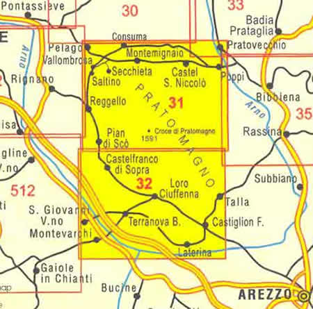 immagine di mappa topografica mappa topografica Massiccio del Pratomagno - mappa escursionistica n.31/32 - Consuma, Vallombrosa, Alto Casentino, Valdarno Superiore, Poppi, Reggello, Loro Ciuffenna, Montevarchi, Terranuova B., Montemignaio - nuova edizione