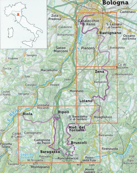 immagine di mappa topografica mappa topografica Via Mater Dei, il cammino dei Santuari Mariani dell'Appennino Bolognese - carta dei sentieri con guida turistica - con sentieri CAI, sorgenti, cascate, santuari, punti panoramici, tappe e indirizzi - con i dintorni di Rastignano, Bologna, Pianoro, Zena, Loiano, Monghidoro, S.Benedetto Val di Sambro, Madonna dei Fornelli, Ripoli, Riola, Baragazza, Bruscoli, Castiglione dei Pepoli, Passo della Futa - nuova edizione