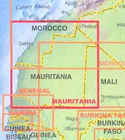immagine di mappa stradale mappa stradale Mauritania - con Noaukchott, Nouadhibou, Rosso/Rusu, Kaedi, Zouérat, Kiffa, Atar, Sélibabi, Néma, Tijikja, Aleg, Ayoun el-Atrouss, Akjoujt, Sahara orientale - Dagana, Saint Louis, Dakar (Senegal) - nuova edizione