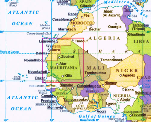 immagine di mappa stradale mappa stradale Mauritania - con Noaukchott, Nouadhibou, Rosso/Rusu, Kaedi, Zouérat, Kiffa, Atar, Sélibabi, Néma, Tijikja, Aleg, Ayoun el-Atrouss, Akjoujt, Sahara orientale - Dagana, Saint Louis, Dakar (Senegal) - edizione 2024