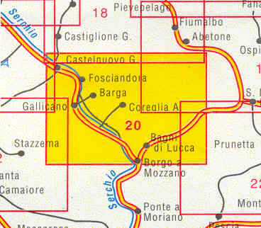 immagine di mappa topografica mappa topografica n.20 - Media Valle del Serchio, Garfagnana, Val di Lima, Barga, Bagni di Lucca, Castelnuovo, Coreglia