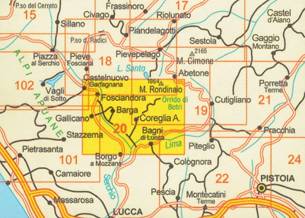 immagine di mappa topografica mappa topografica n.20 - Media Valle del Serchio, Garfagnana, Val di Lima, Orrido di Botri, Barga, Bagni di Lucca, Castelnuovo, Coreglia, Borgo a Mozzano, Gallicano - con sentieri CAI e comunali, percorsi MTB, rifugi - carta dei sentieri compatibile con GPS - edizione 2022