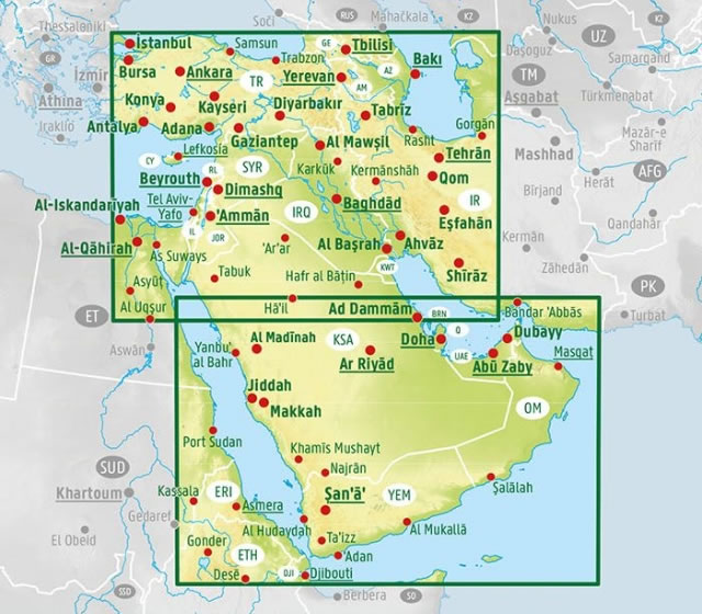 immagine di mappa stradale mappa stradale Medio Oriente / Middle East / Naher Osten - Turchia Est, Armenia, Sud della Georgia, Azerbaijan, Ovest dell'Iran, Iraq, Kuwait, Giordania, Israele, Libano, Siria, confini con l'Egitto e Arabia Saudita - EDIZIONE 2025