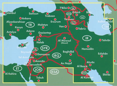 immagine di mappa stradale mappa stradale Medio Oriente / Middle East / Naher Osten - Turchia Est, Armenia, Sud della Georgia, Azerbaijan, Ovest dell'Iran, Iraq, Kuwait, Giordania, Israele, Libano, Siria, confini con l'Egitto e Arabia Saudita - nuova edizione