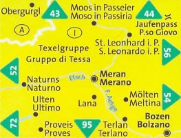 immagine di mappa topografica mappa topografica n.53 - Merano, Gruppo di Tessa / Texelgruppe, Moso in Passiria, Passo Giovo, S. Leonardo, Lana, Meltina, Naturno, Ultimo, Proves, Terlano, Bolzano - con mappa panoramica - compatibile con GPS - nuova edizione