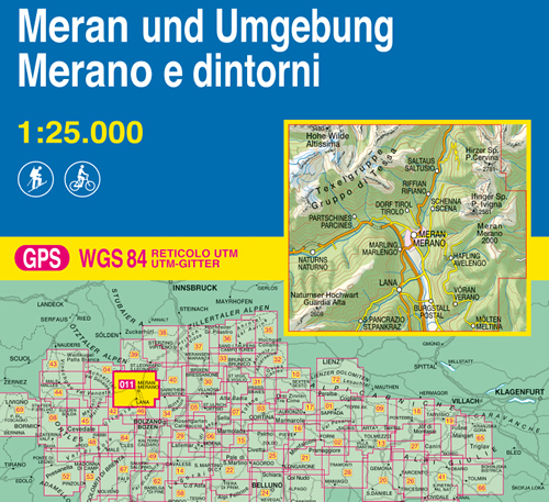 immagine di mappa topografica mappa topografica n.011 - Merano e dintorni / Meran und Umgebung - con Gruppo di Tessa, Altissima, Parcines, Naturno, Merano, Marlengo, Scena, P. Ivigna, Punta Cervina, Avelengo, Verano, Meltina, Postal, St. Pankraz, Lana, Guardia Alta - con reticolo UTM compatibile con GPS - nuova edizione