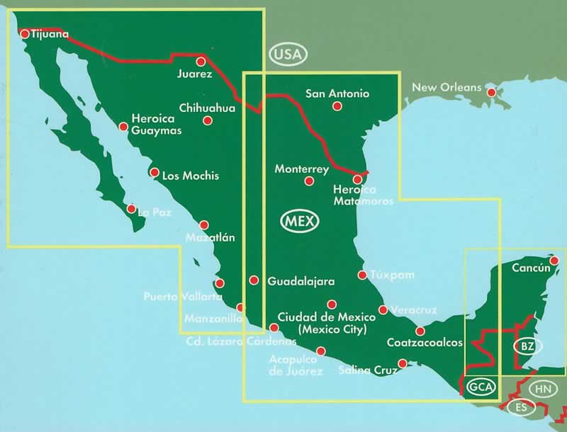 immagine di mappa stradale mappa stradale Messico / Mexico - con Città del Messico, La Paz, Acapulco, Cancun, Mazatlan, Ecatepec de Morelos, Guadalajara, Tijuana, Puebla, Juárez, Monterrey, León, Nezahualcóyotl, Zapopan, Naucalpan, Chihuahua, Mérida, Guadalupe, San Luis Potosí, Tlalnepantla, Aguascalientes, Mexicali, Hermosillo - nuova edizione