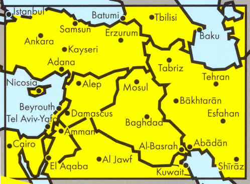 immagine di mappa stradale mappa stradale Middle East, Medio Oriente - Turchia, Armenia, Azerbaijan, Iran, Iraq, Kuwait, Giordania, Israele, Siria, Egitto