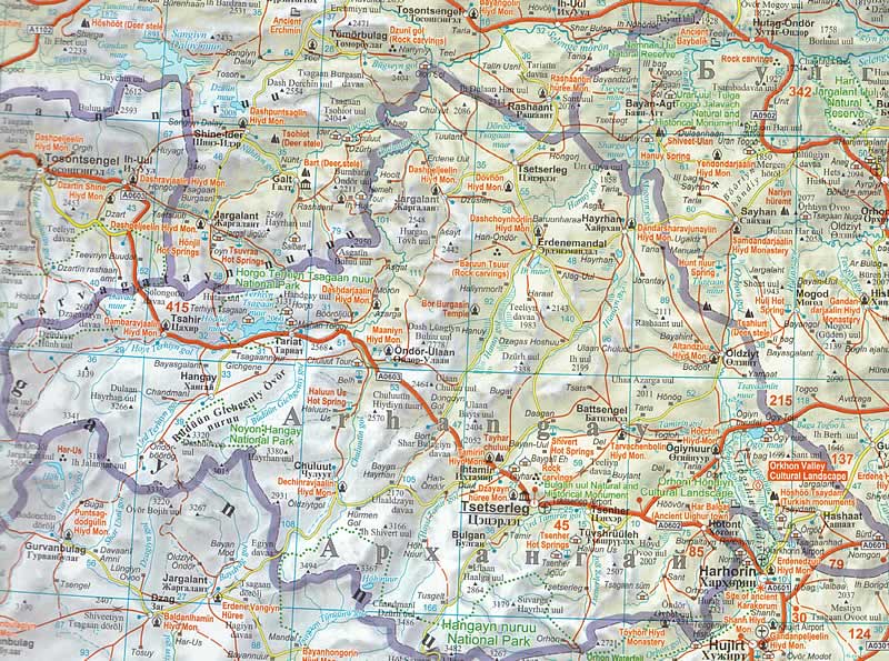immagine di mappa stradale mappa stradale Mongolia - con Ulaanbaatar, Uliastay, Ulaanagom, Altay, Darkhan, Erdenet, Deserto dei Gobi, Dalanzadgad, Choibalsan - nuova edizione