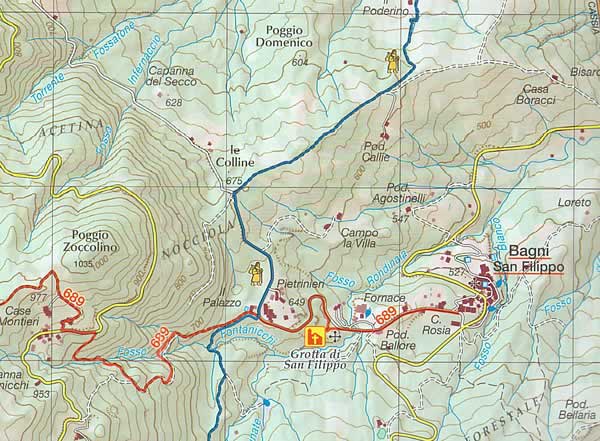 immagine di mappa topografica mappa topografica Monte Amiata - carta dei sentieri escursionistici C.A.I. e Via Francigena - con Abbadia San Salvatore, Campiglia d'Orcia, Vivo d'Orcia, Bagni San Filippo, Arcidosso, Piancastagnaio, Santa Fiora, Bagnolo, Castel del Piano, Seggiano - con rifugi, edifici storici, aree pic-nic, siti per arrampicata, miniere, cascate, sorgenti, luoghi panoramici, grotte, alberi monumentali - EDIZIONE 2023