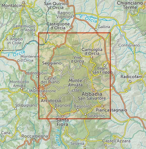immagine di mappa topografica mappa topografica Monte Amiata - carta dei sentieri escursionistici C.A.I. e Via Francigena - con Abbadia San Salvatore, Campiglia d'Orcia, Vivo d'Orcia, Bagni San Filippo, Arcidosso, Piancastagnaio, Santa Fiora, Bagnolo, Castel del Piano, Seggiano - con rifugi, edifici storici, aree pic-nic, siti per arrampicata, miniere, cascate, sorgenti, luoghi panoramici, grotte, alberi monumentali - nuova edizione