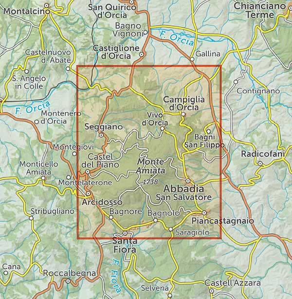 immagine di mappa topografica mappa topografica Monte Amiata - carta dei sentieri escursionistici C.A.I. e Via Francigena - con Abbadia San Salvatore, Campiglia d'Orcia, Vivo d'Orcia, Bagni San Filippo, Arcidosso, Piancastagnaio, Santa Fiora, Bagnolo, Castel del Piano, Seggiano - con rifugi, edifici storici, aree pic-nic, siti per arrampicata, miniere, cascate, sorgenti, luoghi panoramici, grotte, alberi monumentali - EDIZIONE 2023