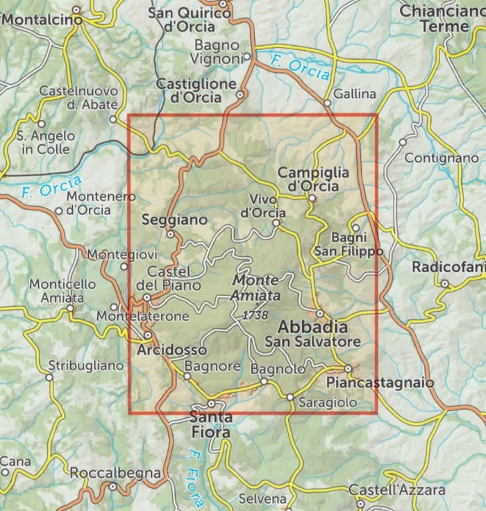 immagine di mappa topografica mappa topografica Monte Amiata - carta dei sentieri - con Abbadia San Salvatore, Arcidosso, Santa Fiora, Piancastagnaio, Campiglia d'Orcia, Seggiano, Castel del Piano, Bagni San Filippo - con rifugi, sentieri CAI numerati, percorsi MTB, Via Francigena, sorgenti, aree di sosta - nuova edizione