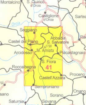 immagine di mappa topografica mappa topografica Monte Amiata - con siti minerari, con Abbadia S.Salvatore, Arcidosso, Castel del Piano, Castell'Azzara, Piancastagnaio, Roccalbenga, S.Fiora, Seggiano, Semproniano - n.41 Multigraphic - nuova edizione