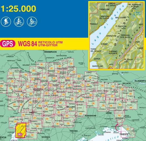 immagine di mappa topografica mappa topografica n.063 - Monte Baldo, Malcesine, Garda - con M. Pastel, Val Lagarina, Affi, Caprino Veronese, S. Zeno, Torri del Benaco, C. Valdritta, Limone sul Garda, Campione del Garda, Borghetto, Tremosine, Tignale, Brenzone, M. Altissimo di Nago, Valle di Bondo, Lastoni Selva Pezzi, Brentino, Belluno Veronese, Rivalta - con reticolo UTM compatibile con sistemi GPS - nuova edizione
