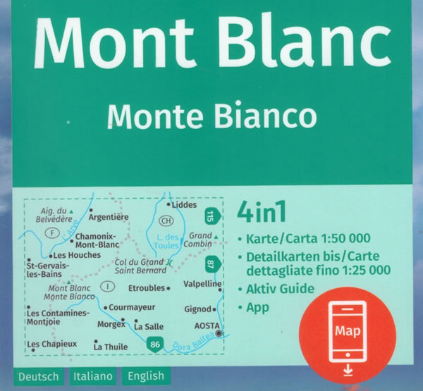 immagine di mappa topografica mappa topografica Monte Bianco - Aosta, Grand Combin, Liddes, Chamonix-Mont-Blanc, La Thuile, Valpelline, La Salle, Morgex, Les Chapieux, Saint-Gervais-les-Bains, Argentière - mappa escursionistica Kompass n.85 - plastificata, compatibile con GPS - EDIZIONE 2023