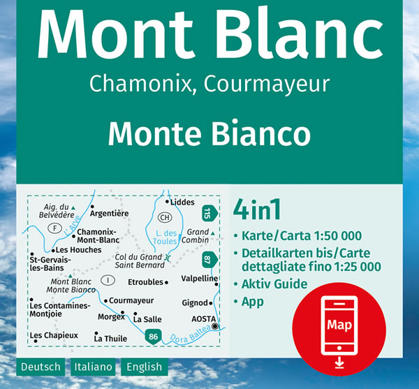 immagine di mappa topografica mappa topografica Monte Bianco, Chamonix, Courmayeur - con Aosta, Grand Combin, Liddes, Chamonix-Mont-Blanc, La Thuile, Valpelline, La Salle, Morgex, Les Chapieux, Saint-Gervais-les-Bains, Argentière - mappa escursionistica Kompass n.85 - plastificata, compatibile con GPS - EDIZIONE 2024