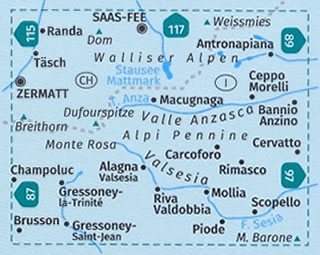 immagine di mappa topografica mappa topografica n.88 - Monte Rosa, Alagna Valsesia, Gressoney, Zermatt, Ceppo Morelli, Macugnaga, Scopello, Riva Valdobbia - con informazioni turistiche, sentieri CAI e parchi naturali - mappa plastificata - nuova edizione