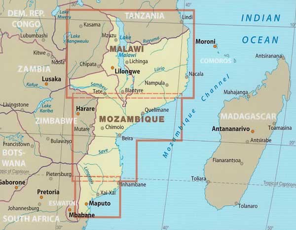 immagine di mappa stradale mappa stradale Mozambico, Malawi - con Maputo, Lilongwe, Beira, Quelimane, Nampula, Lindi, Tunduru, Harare - mappa impermeabile e antistrappo - EDIZIONE Luglio 2023