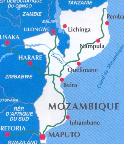 immagine di mappa stradale mappa stradale Mozambico / Mozambique con Maputo, Beira, Pemba, Inhambane, Nampula