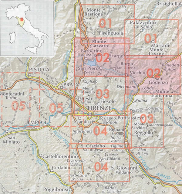 immagine di mappa topografica mappa topografica n.02 - Mugello - dalla Calvana al Falterona - Via degli Dei, Sentiero Italia, Alta Via dei Parchi, Cammino di Dante, Sentiero delle Foreste Sacre, Cammino di Sant'Antonio, Via Romea dei Guidi - con Barberino di Mugello, Scarperia, S. Piero a Sieve, Vicchio, Borgo San Lorenzo, Dicomano, Londa, San Godenzo - carta escursionistica dei sentieri - con rifugi, sentieri CAI numerati, sorgenti, cascate, punti panoramici, aree pic-nic e campeggi - EDIZIONE 2026