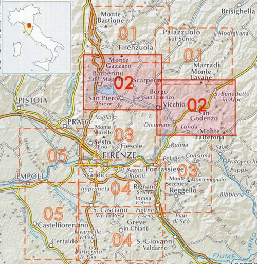immagine di mappa topografica mappa topografica n.02 - Mugello - Via degli Dei, Sentiero Italia, Alta Via dei Parchi, Cammino di Dante, Sentiero delle Foreste Sacre, Cammino di Sant'Antonio, Via Romea dei Guidi - con Barberino di Mugello, Scarperia, S. Piero a Sieve, Vicchio, Borgo San Lorenzo, Dicomano, Londa, San Godenzo - carta escursionistica dei sentieri - con rifugi, sentieri CAI numerati, sorgenti, cascate, punti panoramici, aree pic-nic e campeggi - nuova edizione