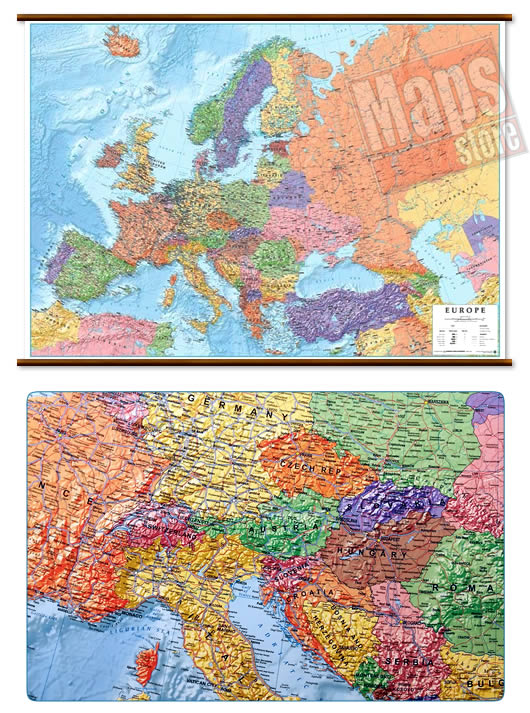 immagine di mappa murale mappa murale Mappa Murale d'Europa - con cartografia politica e fisica, molto dettagliata - plastificata, con eleganti aste in legno e ganci in acciaio - 126 x 92 cm - edizione 2022