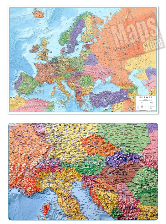 immagine di mappa murale mappa murale Mappa Murale d'Europa - con cartografia politica e fisica, molto dettagliata - plastificata - 120 x 90 cm - edizione 2023