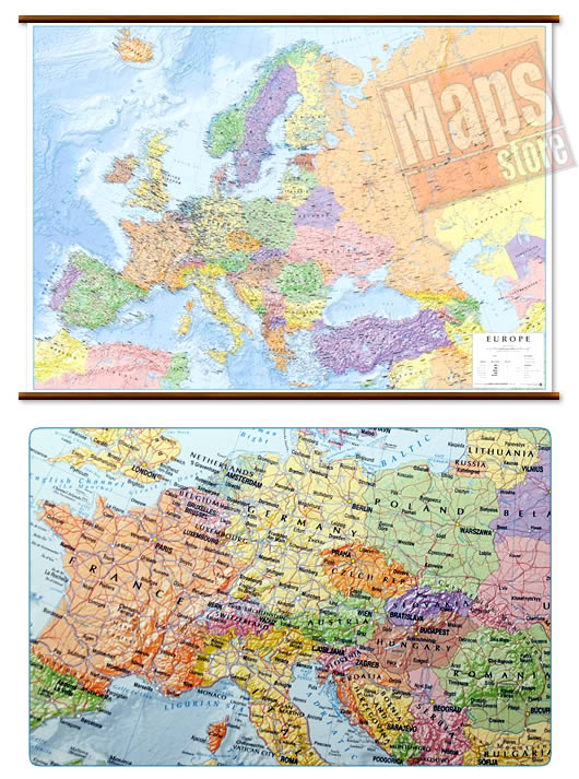 immagine di mappa murale mappa murale Mappa Murale d'Europa - con cartografia politica e fisica - plastificata, con eleganti aste in legno e ganci in acciaio - 102 x 74 cm - edizione 2022