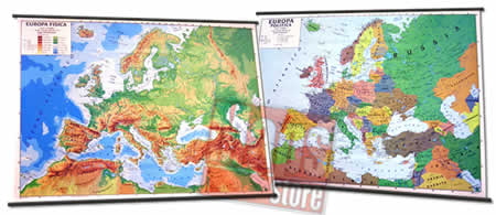 immagine di mappa murale mappa murale Mappa Murale d'Europa - fisica e politica - scolastica e stampata fronte-retro - con aste in plastica - 130 x 100 cm