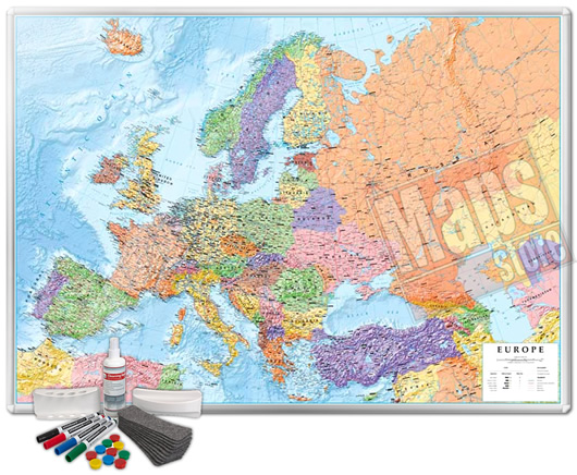 immagine di mappa murale mappa murale Mappa Murale Magnetica d'Europa - cartografia fisica/politica, dettagliatissima ed aggiornata - su robusto pannello in acciaio smaltato con cornice in alluminio anodizzato, scrivibile e lavabile + kit lavagna magnetica in omaggio (spray per la pulizia, calamite, pennarelli, cimosa e portapennarelli calamitati) - 126 x 92 cm - EDIZIONE 2025